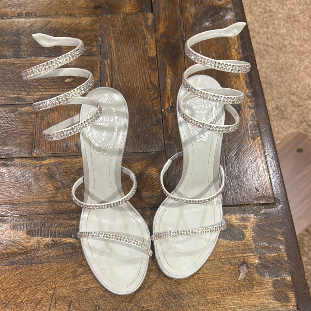 Rene Caovilla Silver Strappy Heels with Elegant Wraparound Design
